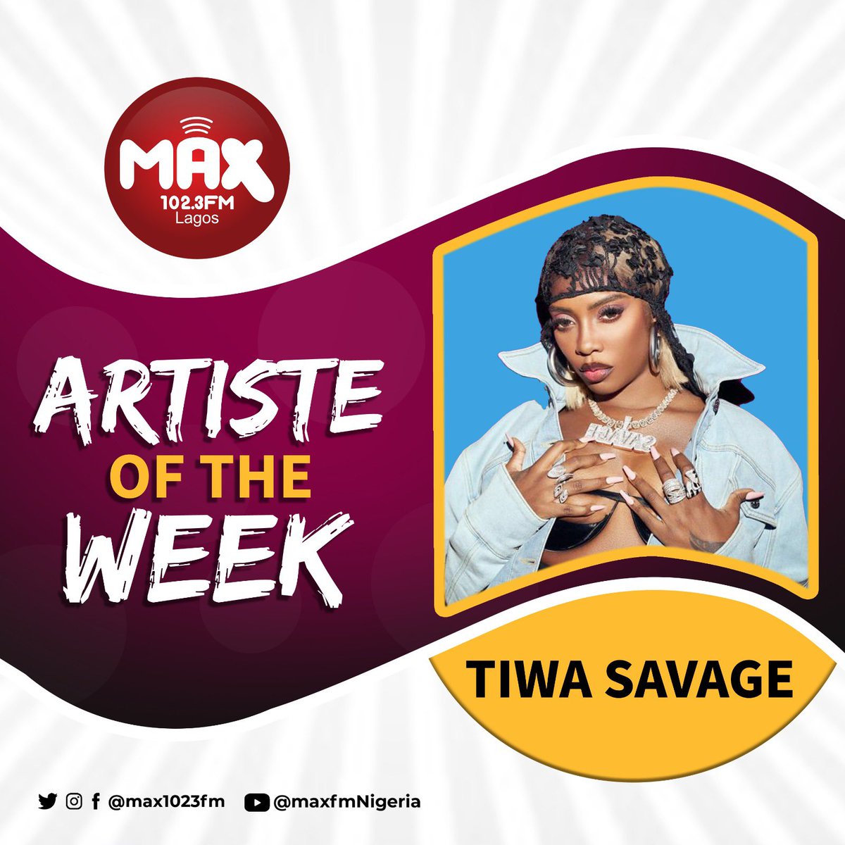 Max1023FM's tweet photo. 🥁🥁🥁🥁🥁🥁🥁🥁🥁🥁🥁🥁🥁
Make way for our Artist of the Week….the No1 African Baddest girl and Queen of Aftobea “Tiwa Savage”
#tiwasavage #maxfm #maxfm1023 #artistoftheweek #skilledartist #artisthustle #artgod #creativespace #baddest #queen #music #afrobeat https://t.co/IUpqwFaeil