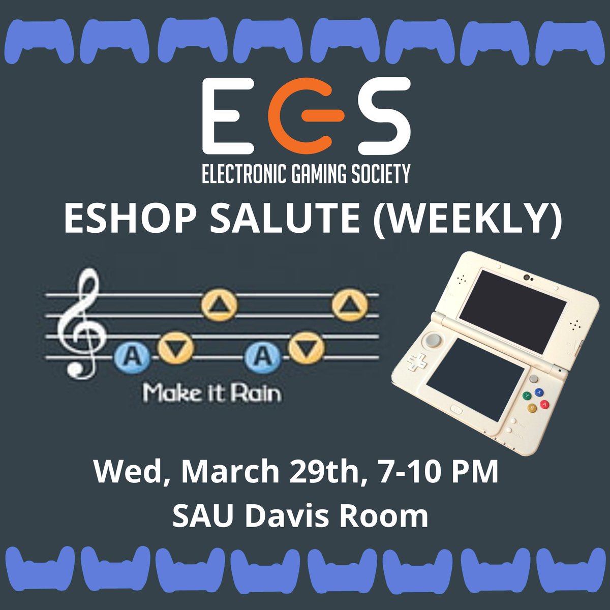 egsrit's tweet photo. Bring your 3DS to our weekly this week! Join us this Wed, March 29th! 7pm to 10pm in the Davis Room! 

Don't have a 3DS? No worries! We'll have classics!:

Mario Party 
Smash Bros
Mario Kart 8
Wii U Open
Wii Open

Also encouraged to bring your own stuff! #nintendo #rit #rip https://t.co/5x6PdMGkuA