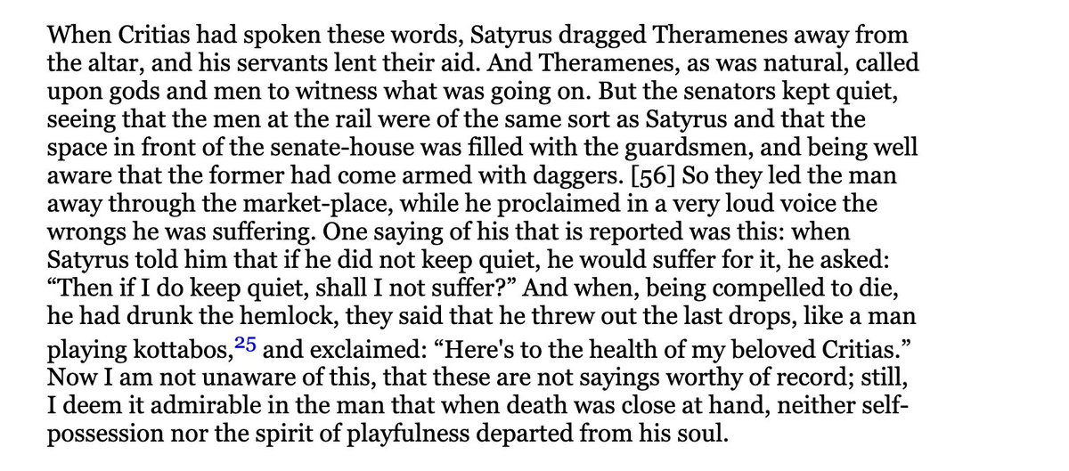 DamonHatheway's tweet photo. @alexpriou There were small cups used for hemlock executions, but interestingly in the Hellenica (2.3.56) Xenophon suggests that Theramenes drinks hemlock from a drinking cup, which he uses to play kottabos in "honor" of Critias, a profane version of Socrates' pious request in Phaedo! https://t.co/k1cauO8cRy