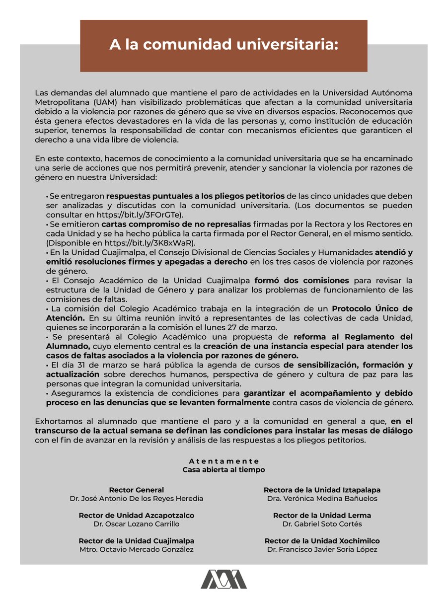 Información importante. A la comunidad universitaria
.
#UAM #SoyUAM 
#ComunicadoUAM