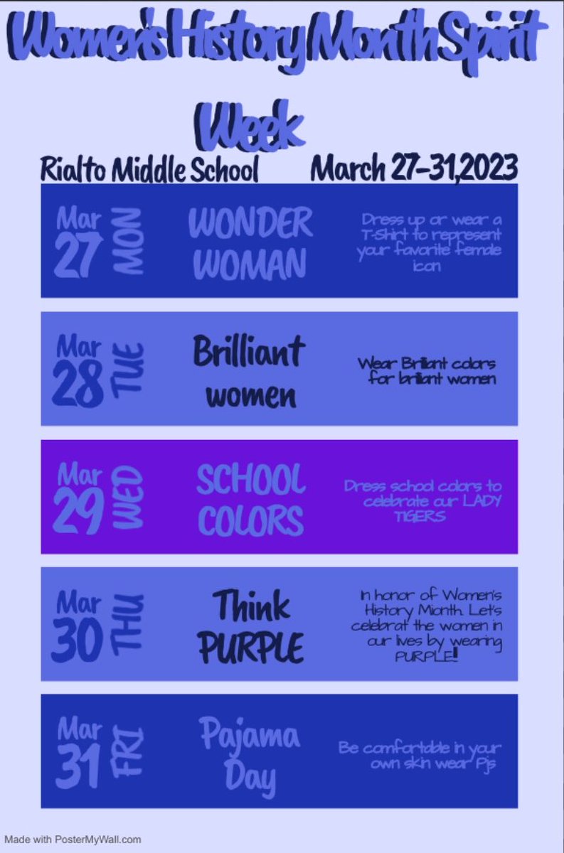 rms_tigers's tweet photo. TIGERS, don’t forget to support Women’s History Month spirit week. Let’s finish March strong. #rialtomiddleschool #integrityanddetermination https://t.co/uoDOb1QIhU