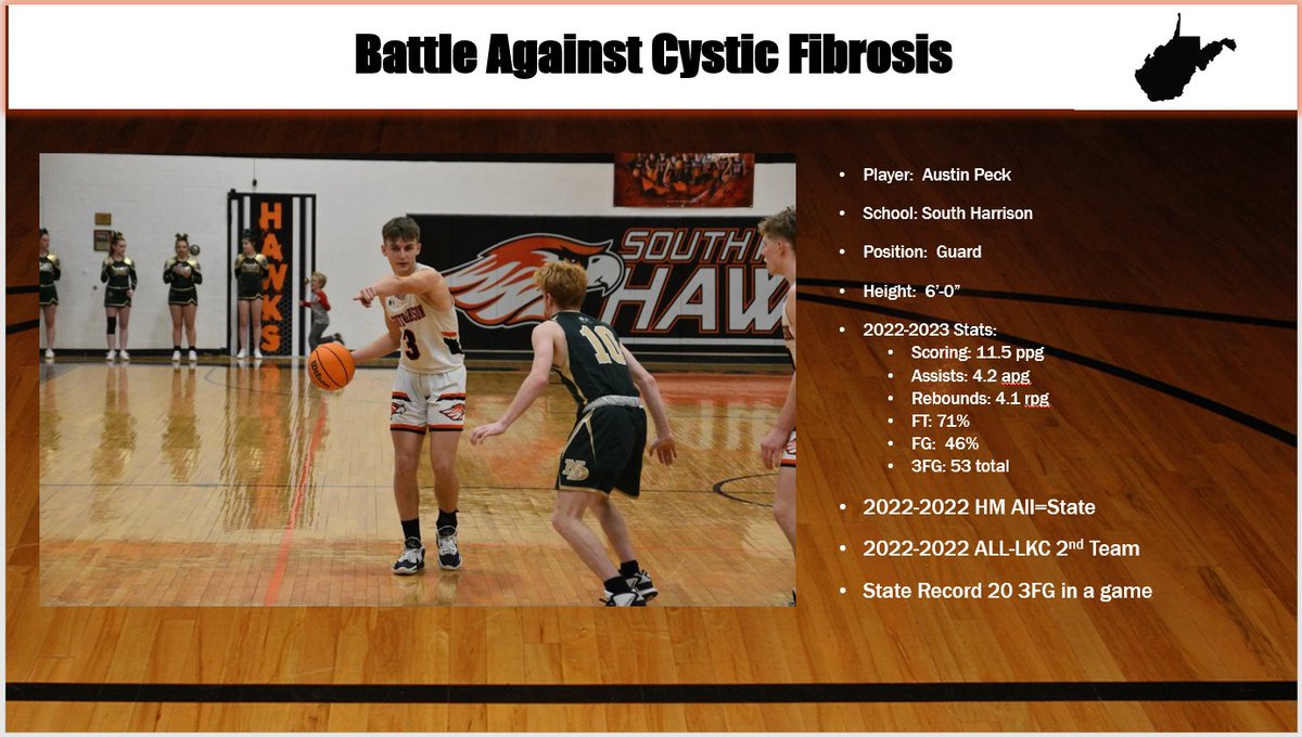 <a href="/AustinTPeck1/">Austin Peck</a> will be playing for the WV Senior All-Stars in the 20th Annual Battle Against Cystic Fibrosis Basketball Classic on Friday March 31 at 7:30PM at Parkersburg South High School.
<a href="/HawksSHHS1/">South Harrison HOOPS</a> 
<a href="/coachtsearsSH/">Tom Sears</a> 
<a href="/OllyReedSports/">Olly Reed Sports LLC</a>
@304Elite
@WVBlueChipHoops
<a href="/wvprepbb/">WV Prep Basketball</a>