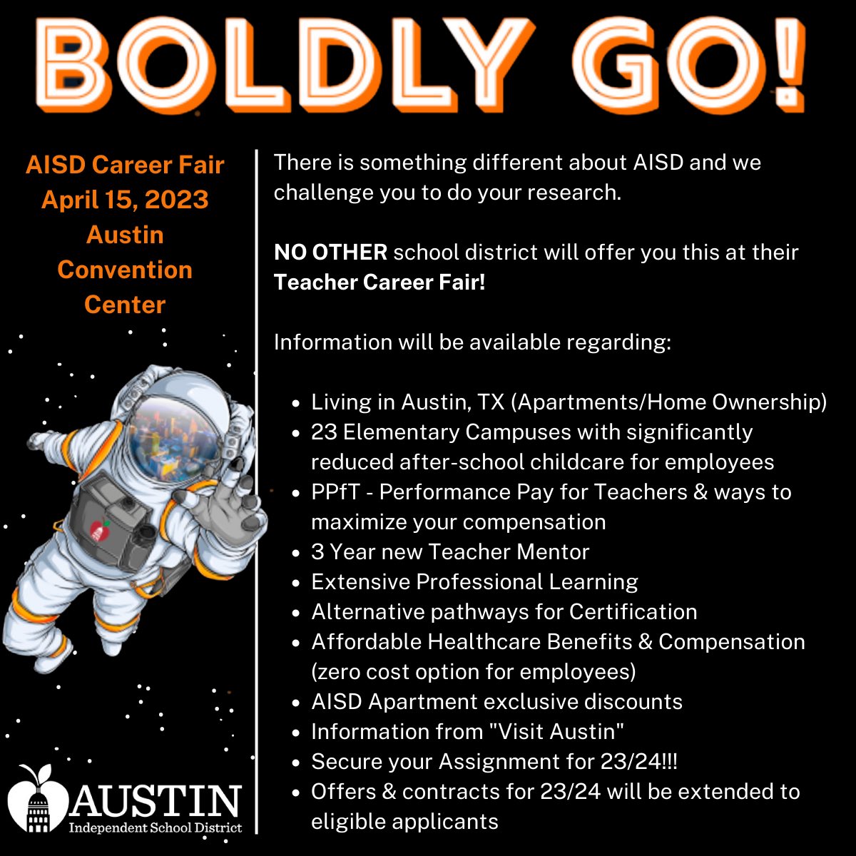 Y’all! You REALLY WANT to be a part of the great work happening @AustinISD! Save the date: AISD Career Fair; April 15, 2023; 9-12PM: Austin Convention Center. 🍎@Matias_AISD @BHosack23 @amiemortiz