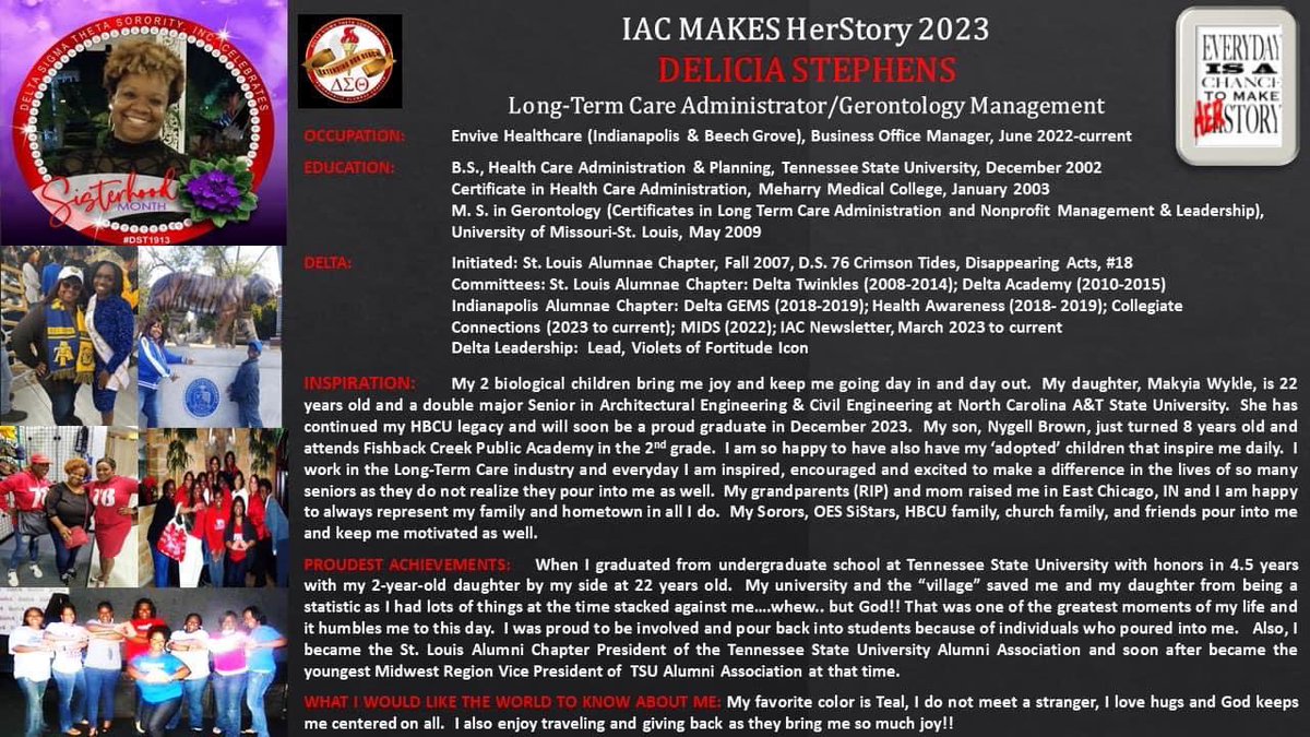 Day 26: IAC Makes HerStory 2023

Today the ICONIC Indianapolis Alumnae Chapter features our soror, Delicia Stephens, Long-Term Care Administrator/Gerontology Management. Please enjoy HerStory!
#IACMakesHerStory 
#DSTIAC
#ExtendingOurReach