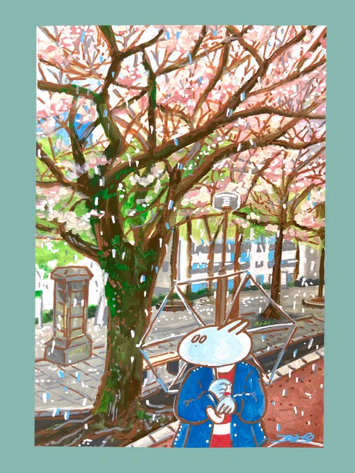 雨で散りゆく桜暖かくなって桜が咲く季節なのにすでに雨で少し散りつつあって悲しかったけどどこか趣を感じたので絵にした 