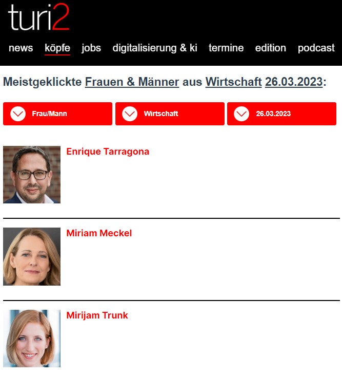 turi2 (@turi2) on Twitter photo Meistgeklickter Wirtschafts-Kopf gestern war <a href="/etarragona/">Enrique Tarragona</a>, Co-Geschäftsführer von Zeit Online, der sich im turi2-Videofragebogen ein Talent, Dinge zu reparieren bescheinigt. Auf ihn folgen ada-Gründerin <a href="/mmeckel/">miriam meckel</a> und RTL-Managerin <a href="/miritrunk/">Mirijam Trunk</a>. turi2.de/index/koepfe/?… Meistgeklickter Wirtschafts-Kopf gestern war <a href="/etarragona/">Enrique Tarragona</a>, Co-Geschäftsführer von Zeit Online, der sich im turi2-Videofragebogen ein Talent, Dinge zu reparieren bescheinigt. Auf ihn folgen ada-Gründerin <a href="/mmeckel/">miriam meckel</a> und RTL-Managerin <a href="/miritrunk/">Mirijam Trunk</a>. turi2.de/index/koepfe/?…
