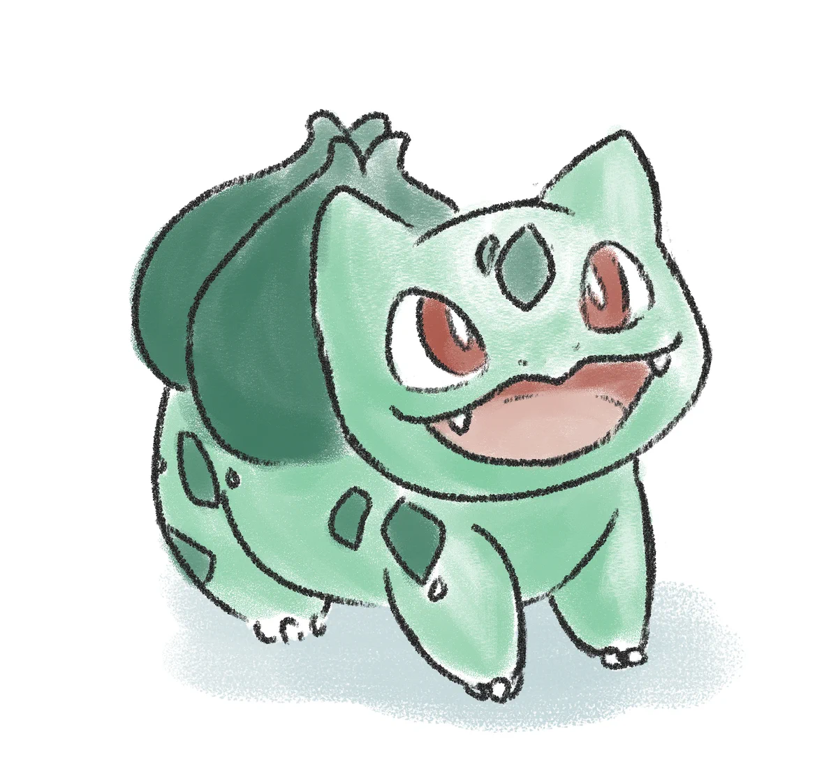 a sketch of a lightly colored bulbasaur looking up happily on a white background