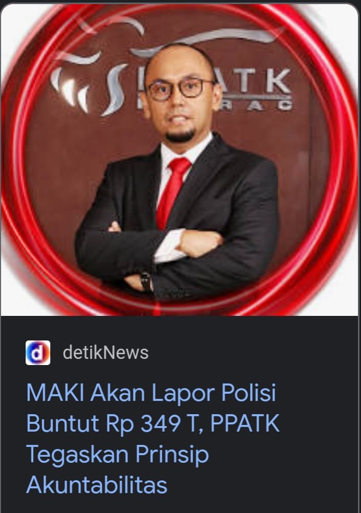 BUNTUT RIBUT 300T PPATK AKAN DILAPORKAN KE BARESKRIM
.
.
.

Ini seru. MAKI atau Masyarakat Anti Korupsi minggu ini akan melaporkan PPATK ke Bareskrim Polri. Kabar yang lain, pak Mahfud sudah siap datang untuk memenuhi panggilan Komisi III DPR RI Rabu 29 Maret nanti. Pun bu SMI.