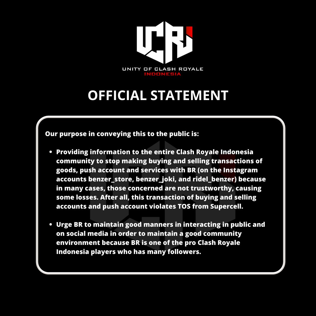 UCRIAcademy's tweet photo. [Official Announcement]

Based on the discussion results from the UCRI Team in response to reports that have come to UCRI in the last 2 months about BenZer Ridel 
@ridel_benzer action, we hereby decide to issue a statement ([1/6]

#ClashRoyale
#ClashRoyaleIndonesia https://t.co/5mj9IZDOan