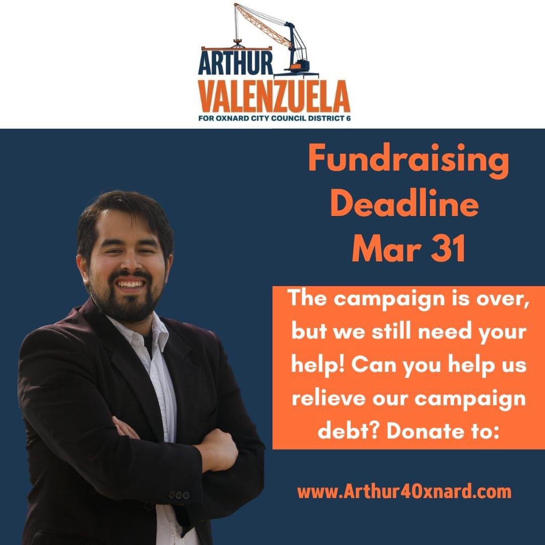 Thank you again for all of your help the past 4 months and getting us across the finish line to electing a Progressive Democrat on to the Oxnard City Council for District 6!

Would you be able to help chip in with a contribution to help relieve our debt?

syndon.us/campaign/arthu…