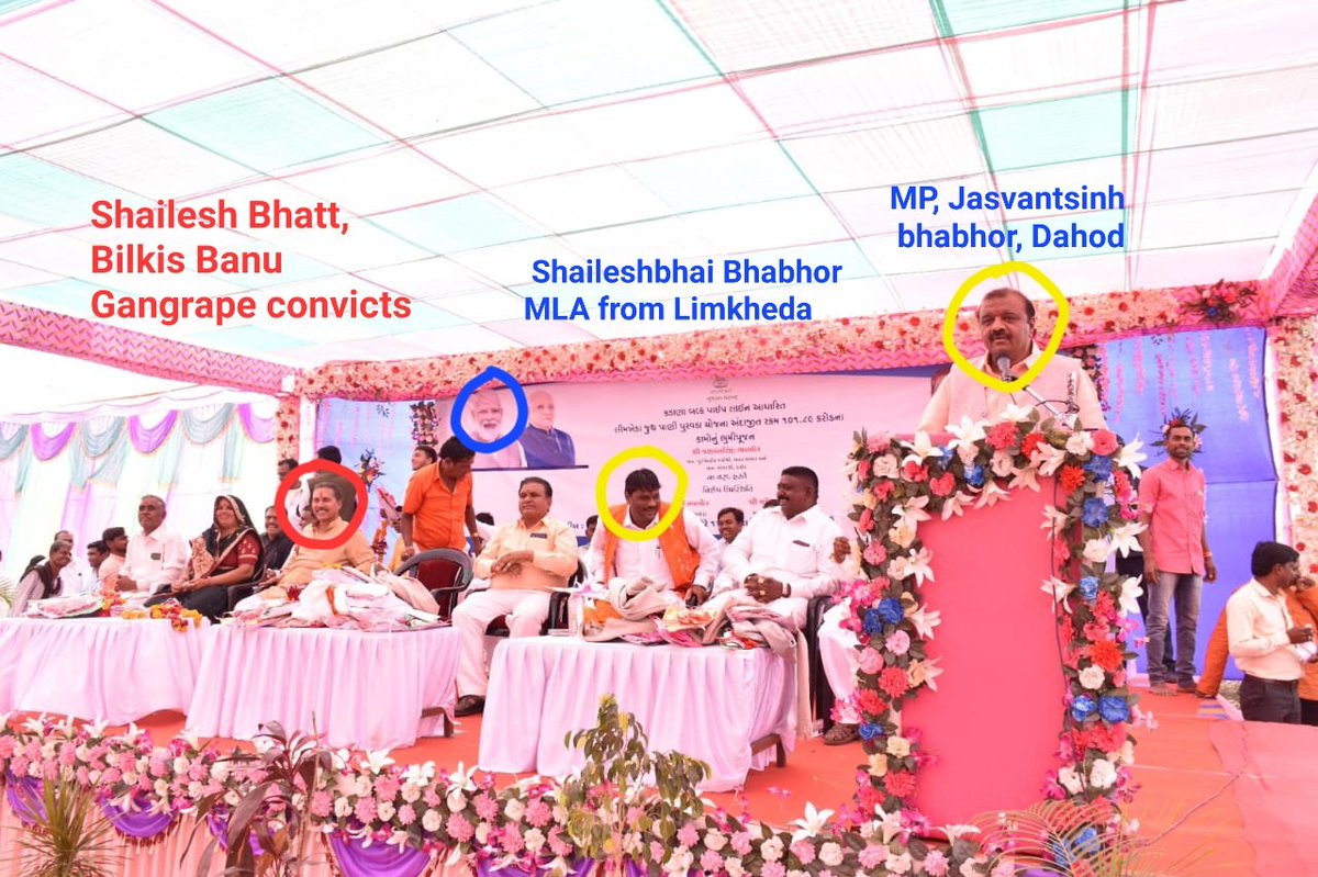 zoo_bear's tweet photo. Shailesh Bhatt, convicted of gang raping Bilkis Bano &amp; killing 14 members of her family including her 3 year old daughter during 2002 Gujarat riots is seen sharing stage with Former Union Minister, BJP MP @jsbhabhor &amp; BJP MLA, Shailesh Bhabhor @ssbhabhor. 
CC : @narendramodi https://t.co/yUD7fPlofl