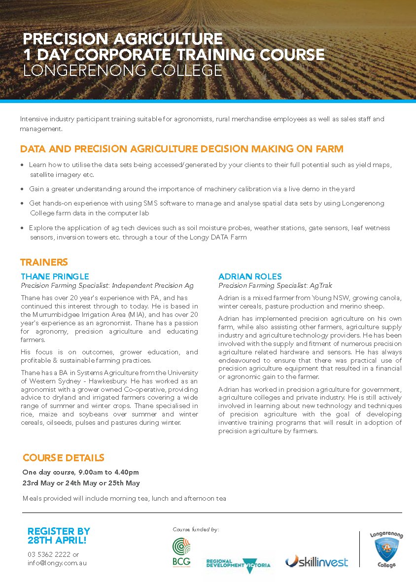 LongyCollege's tweet photo. Register by April 28 for the Precision Agriculture 1-day Corporate training course. This course would suit Agronomists, Rural Merchandising employees, as well as sales staff and management. Contact us on 03 5362 2222 for more information. https://t.co/f2yQd3V18c