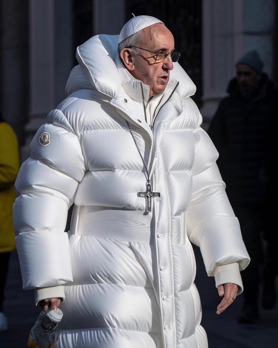 HYPEBEAST X Go off Pope An AI artist has created this image of the Pope wearing an all white Moncler jacket https t lkSOGYYmn3 X