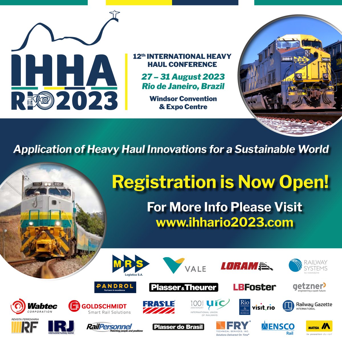Registrations are now open for the International Heavy Haul Conference which will take place in Rio De Janeiro, Brazil from 27-31 August 2023. For more info and to register now, visit: ihhario2023.com