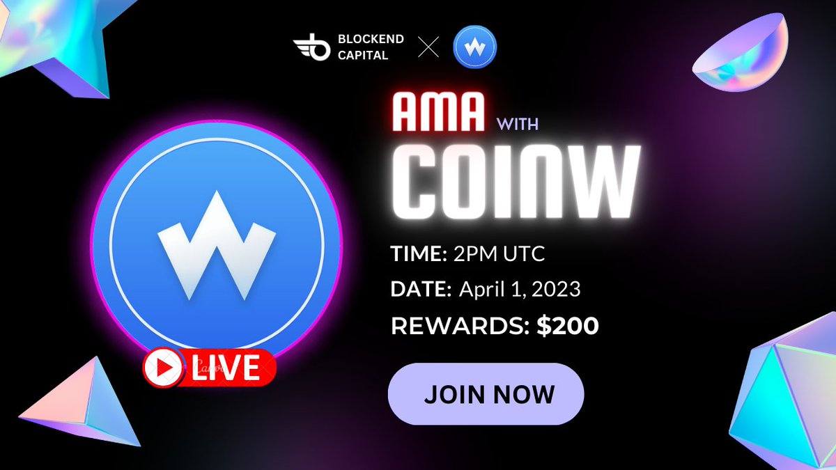 blockendcapital's tweet photo. AMA ANNOUNCEMENT - COINW

🎁Prize: $200 USDT!!!
📆Date: 1st April 2023 2PM UTC 
🏨 Venue:  https://t.co/xDrt90Nrwg…

〽️ Rules:

1️⃣. Follow

@blockendcapital
&amp;
@CoinWOfficial

2️⃣. Like Retweet &amp; Comment Your Questions (5 Questions Max) Tag 3 friends.

#askmeanything #bc_AMA https://t.co/el0iYxAnOb