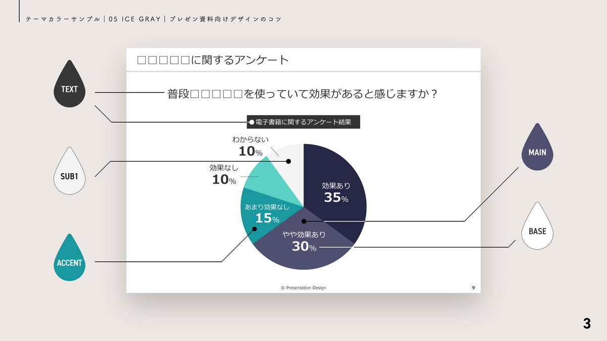 【 再掲 】テーマカラーサンプル｜05 ICE GRAY
パワポ用テーマカラーのアイスグレー版です。16進数のカラーコードは以下の通り
・ベース　　：# FFFFFF
・テキスト　：# 333333
・メイン　　：# 4F4F70
・アクセント：# 19999F
・サブ１　　：# F4F4F4
・サブ２　　：# EAEEF9