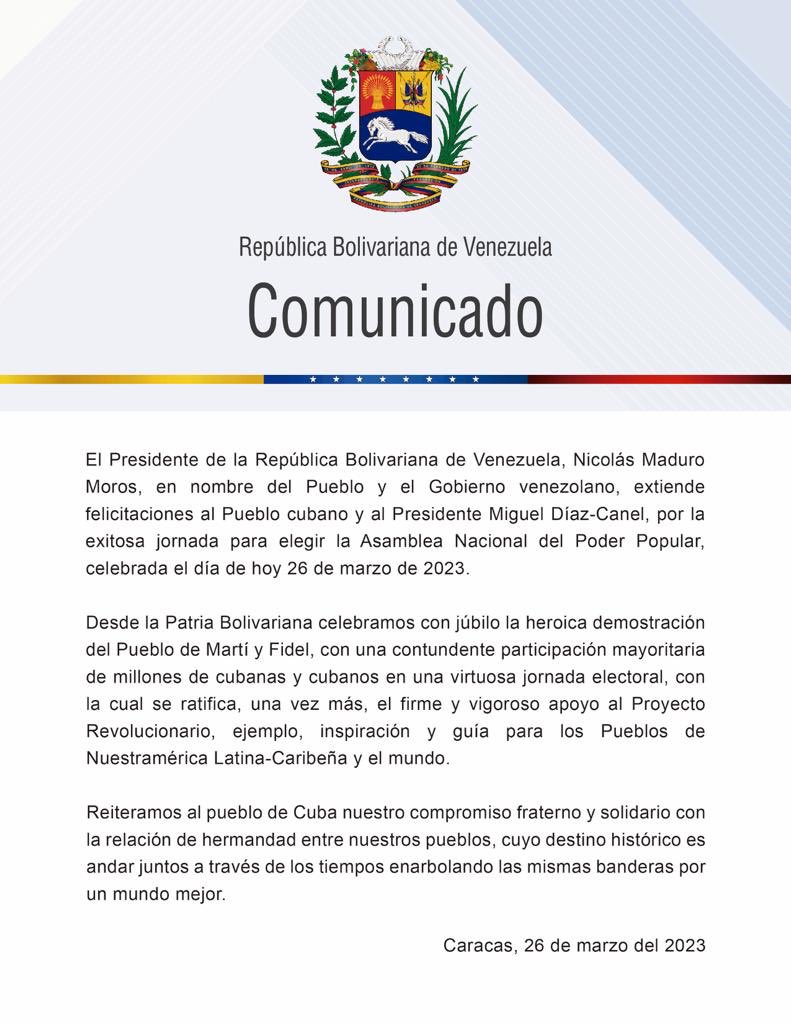 #COMUNICADO El Presidente <a href="/NicolasMaduro/">Nicolás Maduro</a>🇻🇪 felicita al hermano Pueblo cubano🇨🇺 y a su Presidente <a href="/DiazCanelB/">Miguel Díaz-Canel Bermúdez</a>, por la exitosa jornada electoral celebrada hoy, que ratifica el apoyo firme y vigoroso al Proyecto Revolucionario ¡Marchamos juntos en la construcción de un mundo mejor!