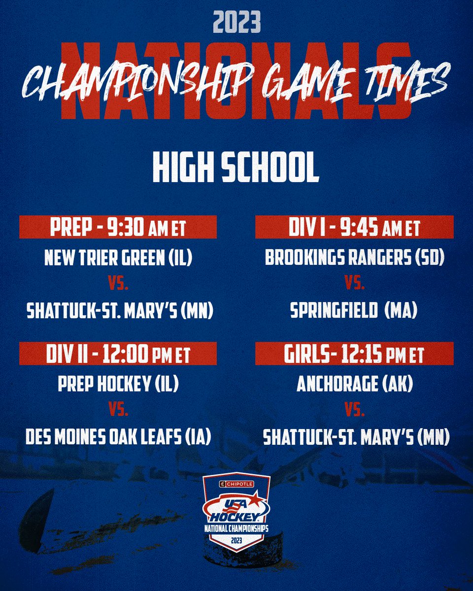 Championship Monday matchups are locked in 🔒

Catch each High School #USAHNationals title game live on USAHockeyTV.com → bit.ly/3nozWTs

@ChipotleTweets | #TrainEatRepeat