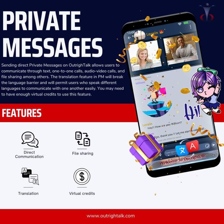 OutrighTalk1's tweet photo. Break language barriers and connect with anyone, anywhere through OutrighTalk's Private Messages. Send files, make audio or video calls, & chat with strangers in different languages. #OutrighTalk #PrivateMessages #TranslationFeature #CommunicationTools #VideoCalls #VoiceCalls https://t.co/vBuMFBUVM6