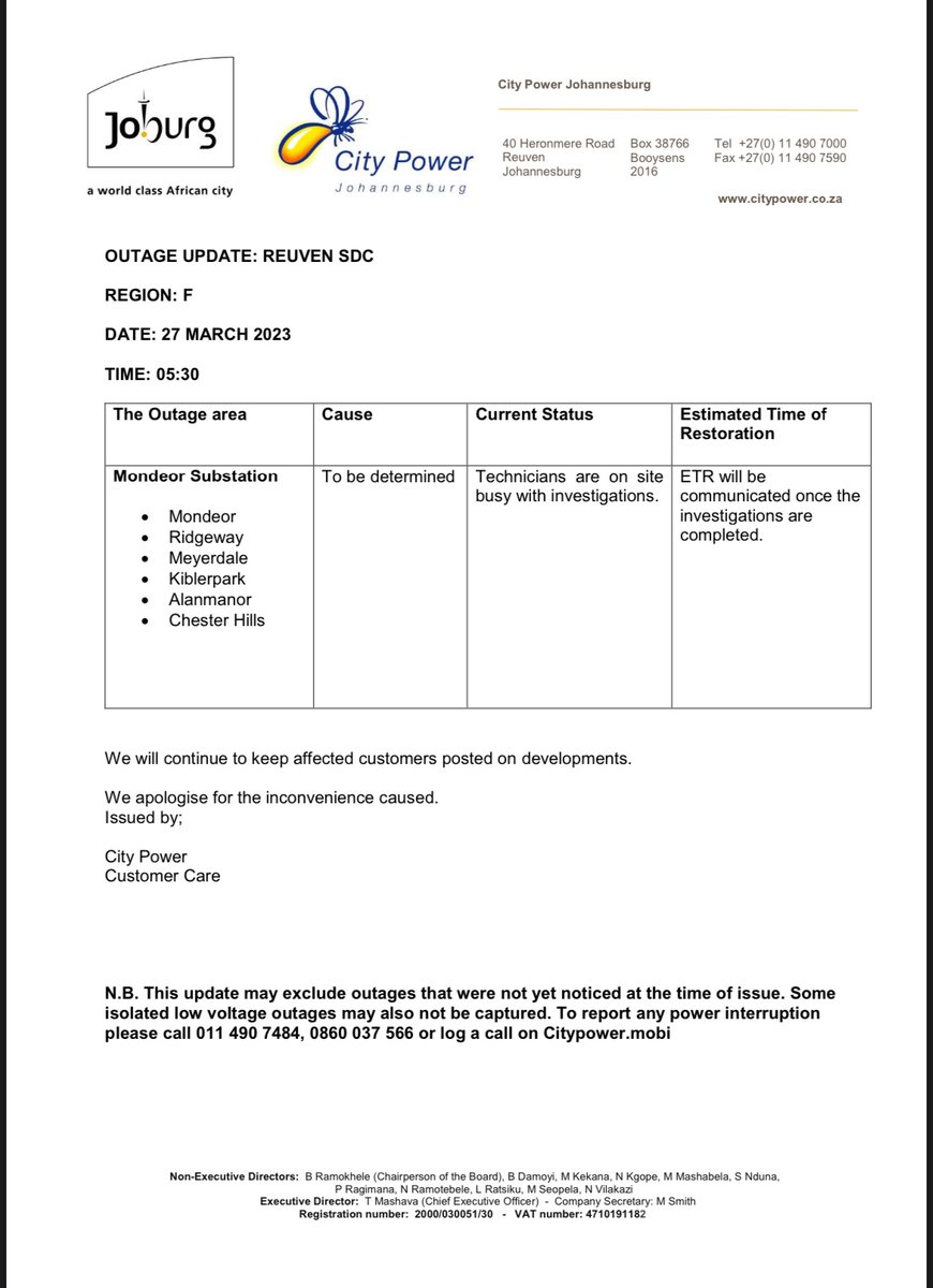 CityPowerJhb's tweet photo. #OutageUpdate #citypowerupdates #JoburgUpdates
investigations are underway.^TN https://t.co/CTs8oiJZVn