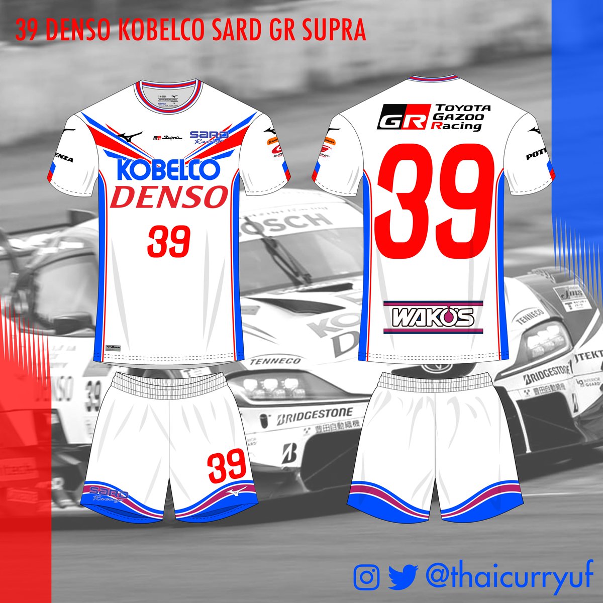 thaicurryuf's tweet photo. SuperGT×Football kit(2022 GT500編)
@SARD_Racing × @MizunoFootball 
39.DENSO KOBELCO SARD GR Supra
赤・青・白のトリコロールに和光ケミカルのピンクも加わったサードレーシングのユニフォームです！
#supergt #sard https://t.co/PwjEoMfECw
