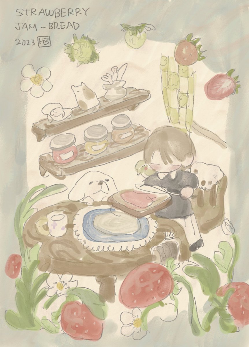 「딸기잼 식빵에 발라먹기 」|(-03.28 봄꽃도감 펀딩)하브のイラスト