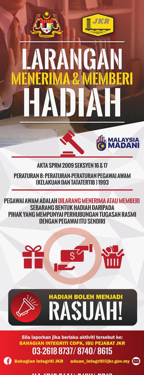 JKRJohor's tweet image. SURAT ARAHAN KPKR BIL. 6/2023 - LARANGAN MENERIMA DAN MEMBERI HADIAH DARIPADA ATAU KEPADA SESEORANG YANG MEMPUNYAI HUBUNGAN TUGASAN RASMI DENGAN PEGAWAI JKR 

#cegahrasuah #rasuah #akta #jkr