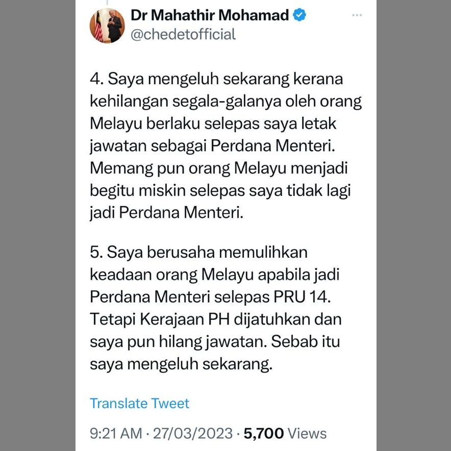 #RT <a href="/NajibRazak/">Mohd Najib Tun Razak</a>: Siapa setuju dengan Tun M?

Anak penunggang nama orang Melayu ini tak kaya lagi ke?