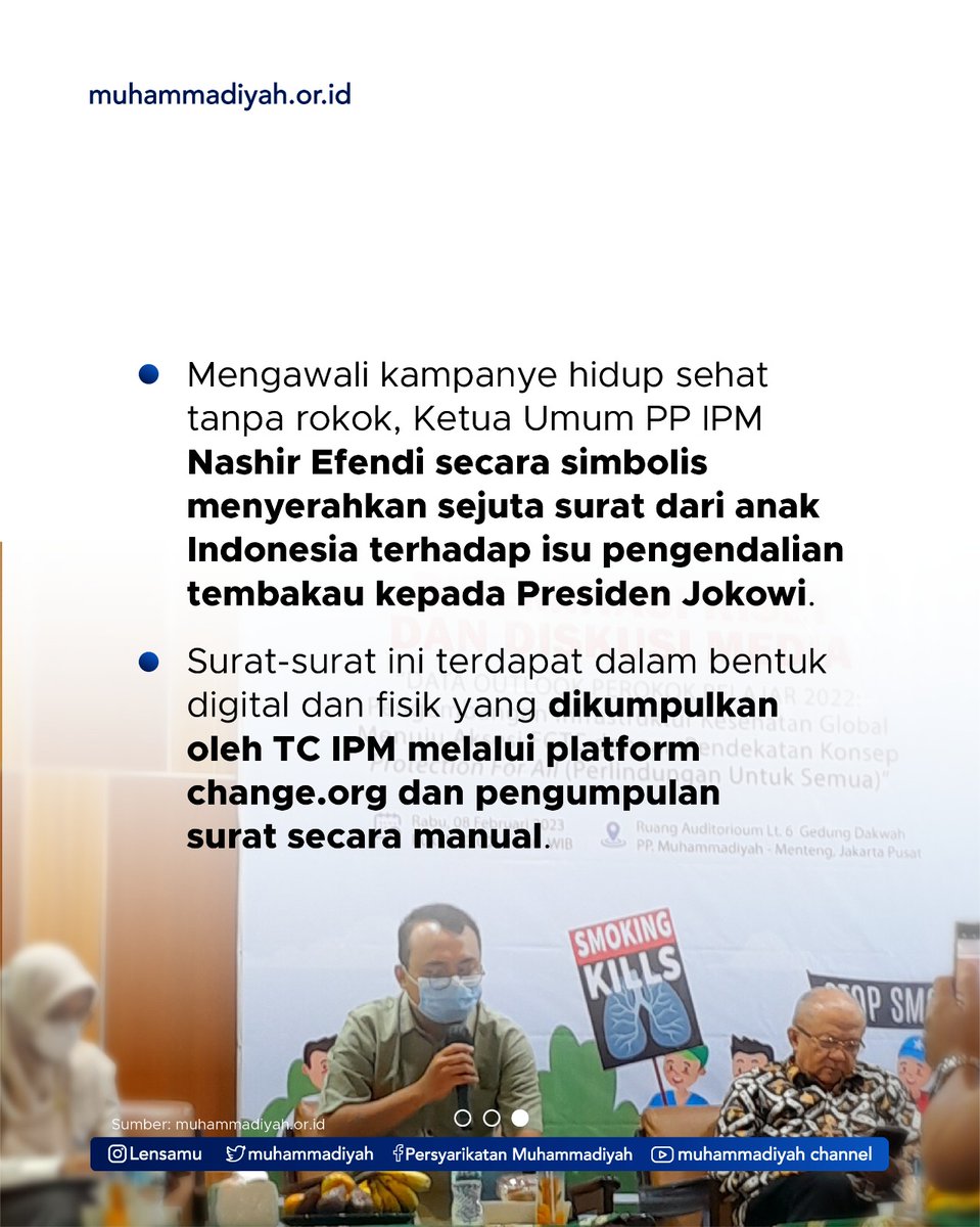 Sebagai upaya kampanye hidup sehat tanpa rokok, PP IPM telah menyerahkan sejuta surat dari anak muda Indonesia kepada Presiden Joko Widodo melalui Staf Mensesneg RI Faldo Maldini.
<a href="/PPIPM/">Rumah Kreatif Pelajar</a> 

#Muhammadiyah #Islam #SehatTanpasebat