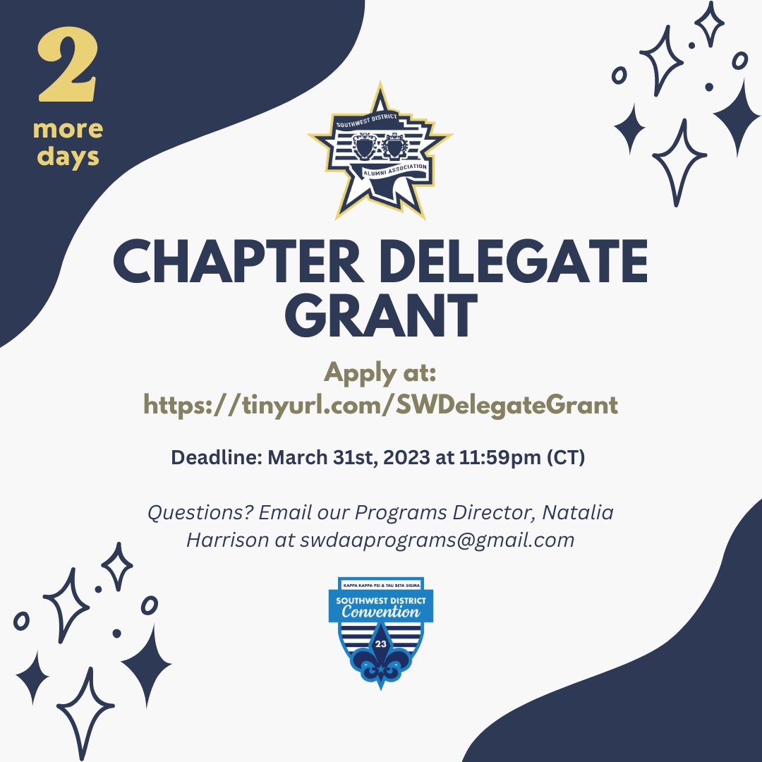 SWDAlumni's tweet photo. SWDAA Chapter Delegate Grant is due in two days! This grant helps chapters get their delegate registration paid for the 2023 Southwest District Convention. The deadline is March 31st, 2023 at 11:59pm (CT). #SWDCon23
.
To apply please visit, https://t.co/sgyqH70l9Q https://t.co/4GNAj0iQIG
