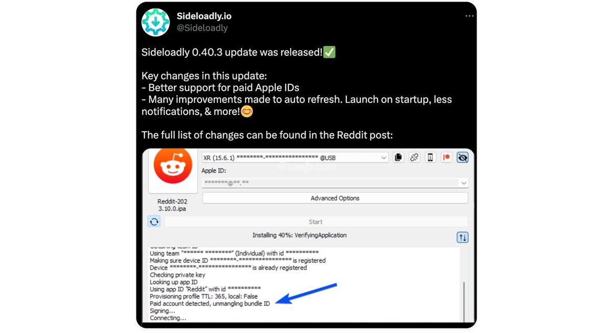 ZeeIpaLibrary's tweet photo. Sideloadly v 0.40.3 was released! 🔥🔥

Download Now - https://t.co/NnuvfoXrW9 

✅ Better support for paid Apple IDs
✅ Many improvements were made to auto-refresh. Launch on startup, less notifications, &amp; more!

#Sideloadly #TrollStore #IPA #Sideloader #iPhone #Cydia

were https://t.co/LYRcFdmIbt