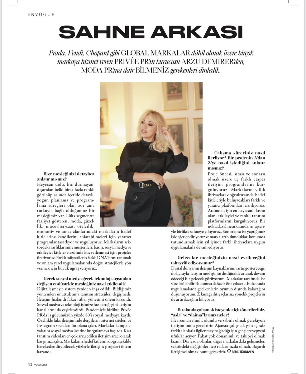 ArzuDemirer's tweet photo. Luxury PR is very glamourous, colorful and fun but there is much more to it. It requires discipline and detail oriented working skills and is a highly demanding job.We talked about the ‘behind the scenes’ of #luxurypr with @vogueturkiye 📷 @ertugrultaban @PriveePR https://t.co/HiYiLMkfpW