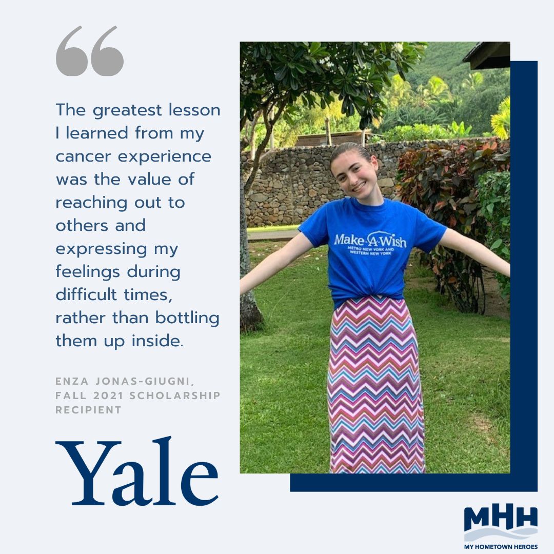 Shoutout to Fall 2021 Scholarship Recipient Enza Jonas-Giugni! Enza battled non-hodgkin's lymphoma and says that expressing herself helped her immensely on her journey. Enza is now at Yale hoping to become a pediatric oncologist and change the world! Congrats, Enza! #survivor