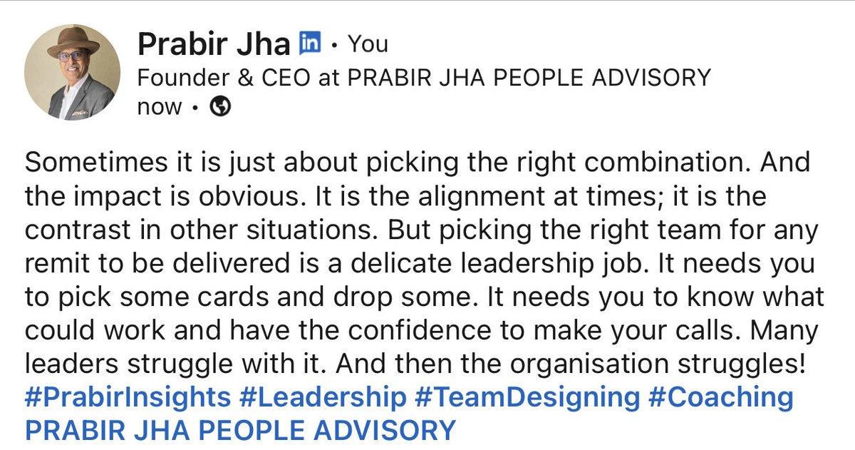 PrabirJha's tweet photo. #PrabirInsights #Leadership #TeamDesign #Coaching https://t.co/WQLyfgM1mh