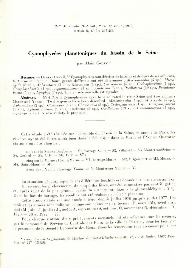 nicolekearney's tweet photo. Twelve new genera of Cyanobacteria were described from the Seine in 1979. This research & more from Bulletin du Muséum national d'histoire naturelle is now accessible, discoverable & has DOIs thx to efforts by @BioDivLibrary, @Le_Museum & Team #RetroPIDs. https://t.co/gbB6Rp0DpE https://t.co/wk88bjHOpH