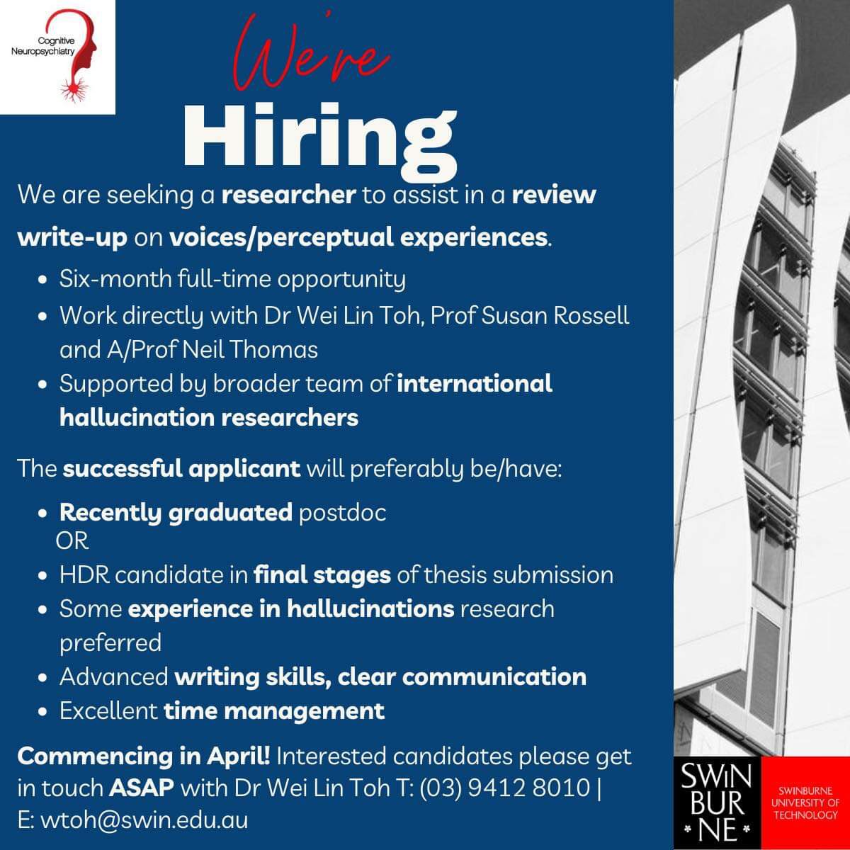 echrgroup's tweet photo. An opportunity for a 6-month postdoc in hallucinations and altered experiences with @tohweilin @RossellSusan &amp; @neilthomas3182 at @CogNeuro_SUT! https://t.co/CEwdMeUP99