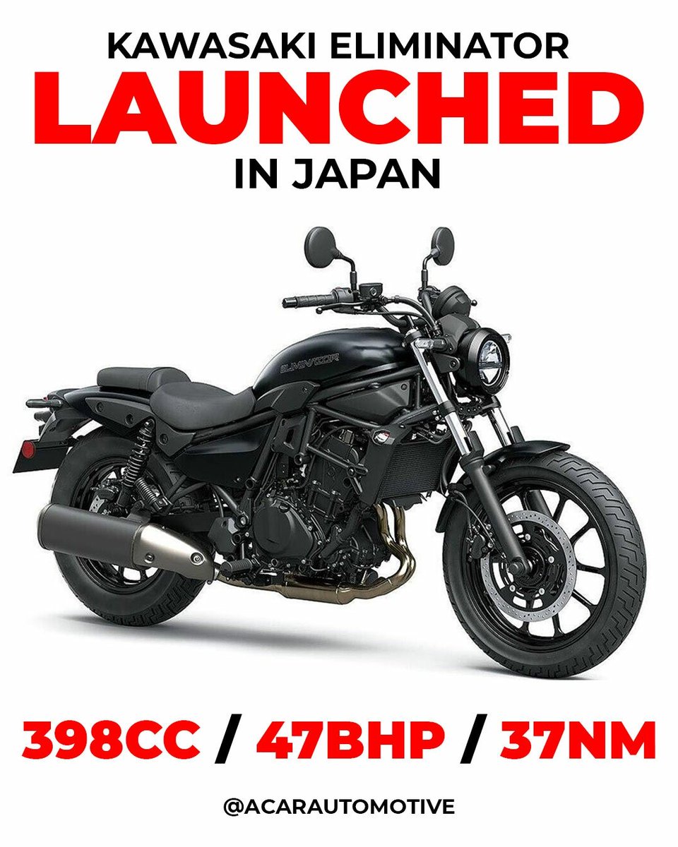 AcarAutomotive's tweet photo. #Kawasaki launched the all new #eliminator in Japan at jpy 7,50,000 which is Rs 4.64 lakh ex-showroom the bike gets retro styling. We can expect the brand to bring it to India.

Things to know ⬇️

➡️ 398cc parallel-twin engine 
➡️ 47 bhp Power 
➡️ 37 NM Torque 

#acarautomotive https://t.co/GnLyllmlpA