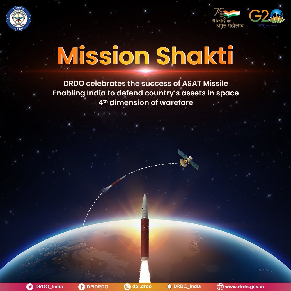 DRDO_India's tweet photo. #DRDOUpdates | DRDO celebrates 4th anniversary of #MissionShakti, wherein it successfully neutralised a satellite in space with ASAT missile. The mission showcased DRDO's prowess to defend country's assets in 4th dimension of warfare - space.
@DefenceMinIndia
@SpokespersonMoD https://t.co/FZ7iVQjFtS
