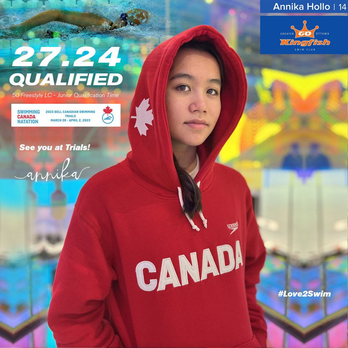 Annika_Hollo's tweet photo. A dream come true! I qualified for 50 Free with 27.24 QT for the 2023 BELL CANADIAN SWIMMING TRIALS in Toronto from March 28 - April 2nd at the #TPASC. I still can't believe I get to swim with my idols! #SwimmingCanada #GOKingfish #Love2Swim #AnnikaHollo #perseverance https://t.co/FJL8UZCwy0