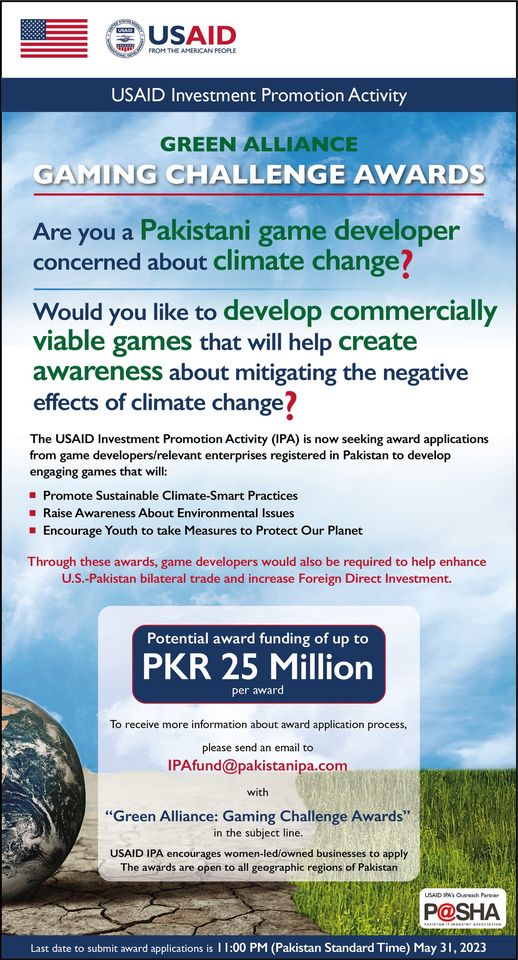 AndHcdc's tweet image. "The USAID Investment Promotion Activity (#IPA) is now accepting applications for its ‘Green Alliance Gaming Challenge Awards’. "
#investment #development #climatechange #thelastclouds @AmirMurtaza1