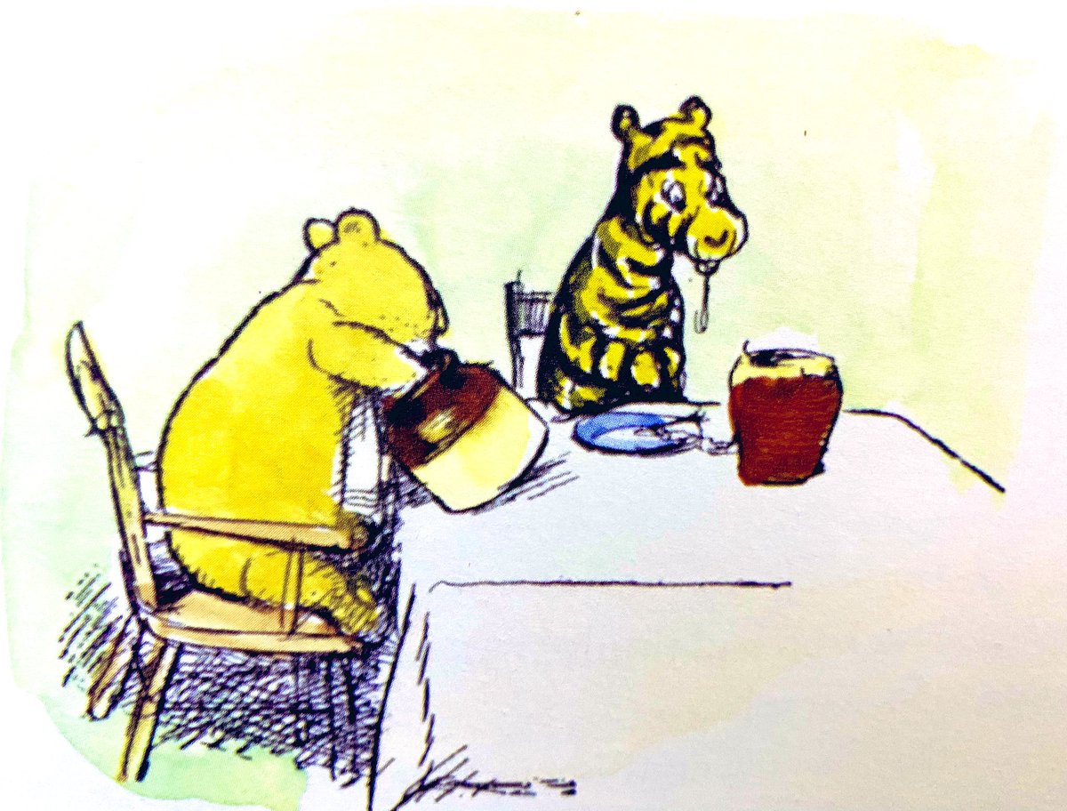 They sat down to breakfast. Tigger took a large mouthful of honey… and he made exploring noises, and considering noises, and what-have-we-got-HERE noises… and then he said: 
“Tiggers don’t like honey.”
“Oh!” said Pooh, and tried to make it sound Sad and Regretful. ~A.A.Milne