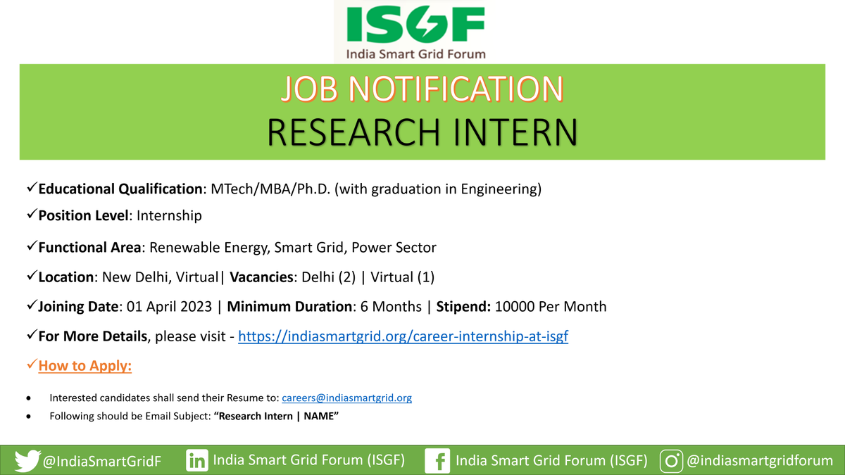 India Smart Grid Forum (@indiasmartgridf) on Twitter photo #Job Notification | Join ISGF as a “Research Intern” from 01 April 2023 if you have basic knowledge and experience in #RE, Smart Grid, Power Sector.
Details at - ow.ly/sq6i50NjPmL
To Apply, email your resume to careers@indiasmartgrid.org
<a href="/rejipillai/">Reji Kumar Pillai</a> | <a href="/suri_reena/">Reena Suri</a> #Job Notification | Join ISGF as a “Research Intern” from 01 April 2023 if you have basic knowledge and experience in #RE, Smart Grid, Power Sector.
Details at - ow.ly/sq6i50NjPmL
To Apply, email your resume to careers@indiasmartgrid.org
<a href="/rejipillai/">Reji Kumar Pillai</a> | <a href="/suri_reena/">Reena Suri</a>