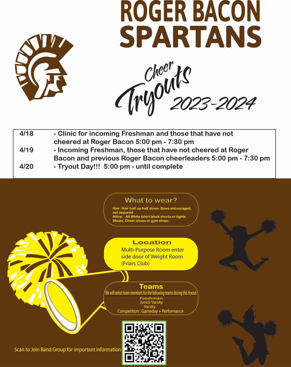 Want to be apart of our The Roger Bacon Cheer Family?!  Cheer Tryouts are approaching!