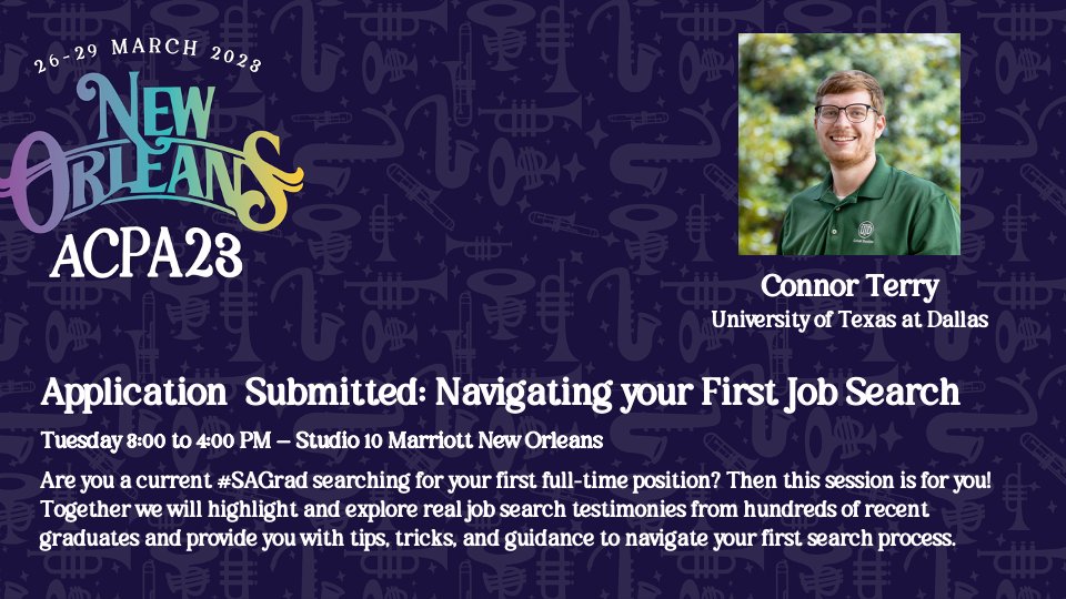 Connar_T's tweet image. Hey #ACPA23, if you're an #SAGrad make sure you head to Marriott Studio 10 at 3 PM on Tuesday for a great talk about your first job search! We're gonna have a good time! 🎉