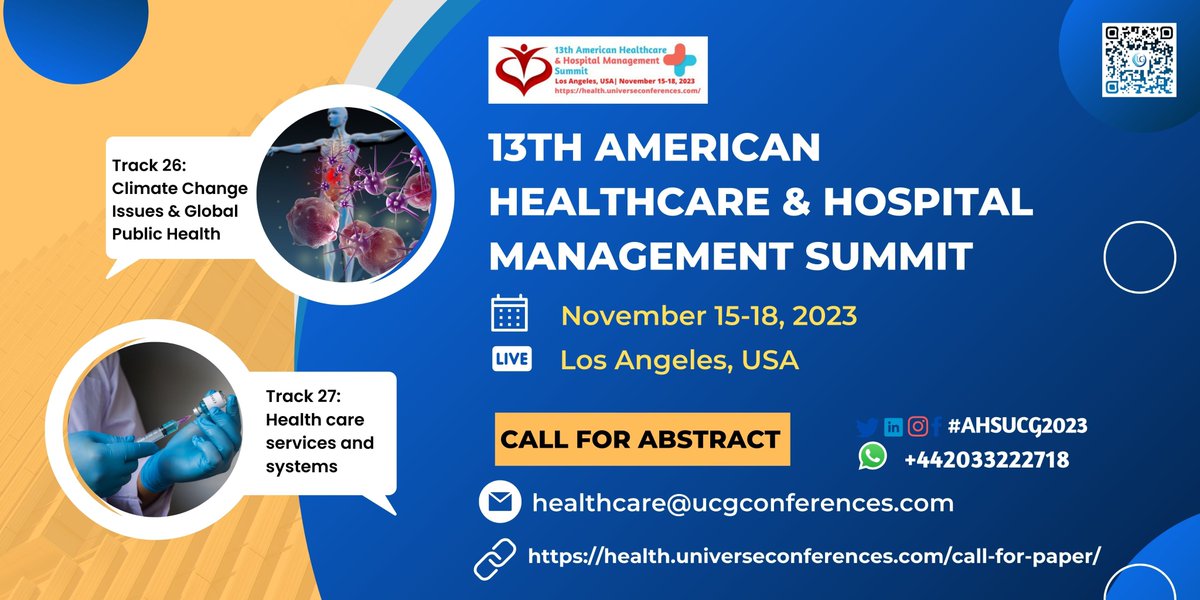 LuciferEllis's tweet photo. Call for Abstract/Poster/Case Studies/Research Paper UCGConferences is pleased to invite you to submit an abstract for CME/CPD accredited 13th American Healthcare and Hospital management Summit on November 15-18, 2023 in Los Angeles, USA. 
Visit: https://t.co/iKPegkzGFg 
#Health https://t.co/VQLRxOn2Qe