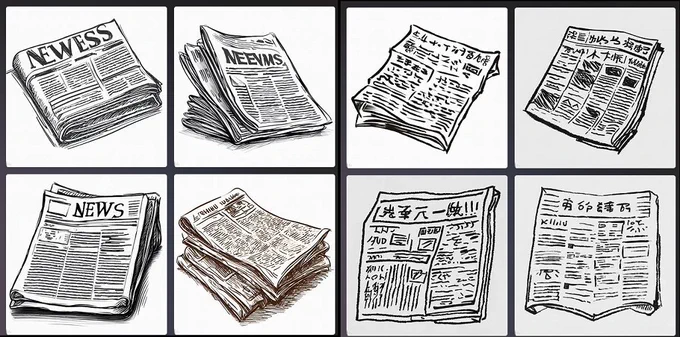 AIに「新聞紙」を出させたもの。左はそれっぽいけどNEWSの部分の綴りがむっちゃぶれている。右側は「日本の」指定を入れたもの。漢字っぽい謎言語出力される。 