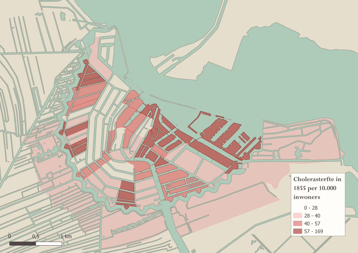 Look at this thing I made this morning! Cholera death rates by neighbourhood in Amsterdam in 1855. Note how well the rich canal district left of the middle is doing... 🗺️☠️🪦🚱