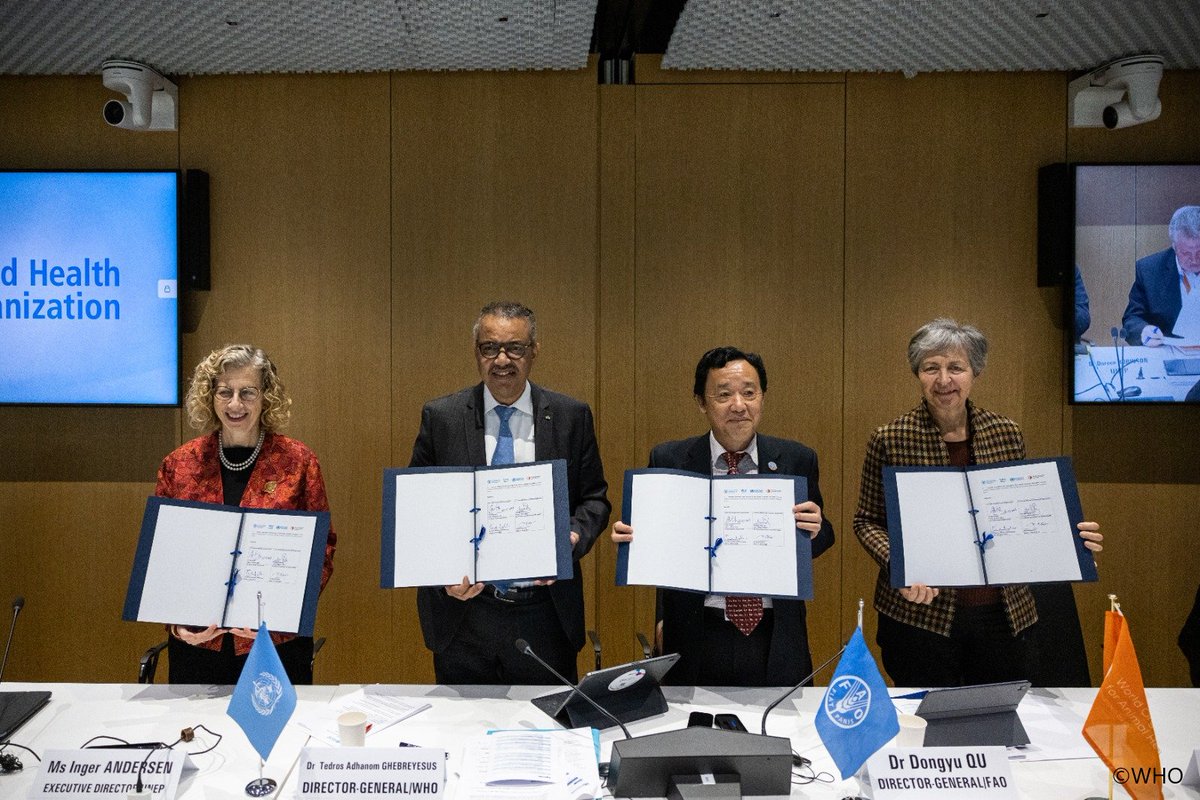 FAODG's tweet photo. We aim for a world better able to prevent, predict, detect &amp; respond to health threats &amp; improve the health of humans, animals, plants &amp; the environment. With the leaders of the Quadripartite, I urge Members &amp; stakeholders to join hands and invest in safeguarding our #OneHealth. https://t.co/oHXWTXawEQ