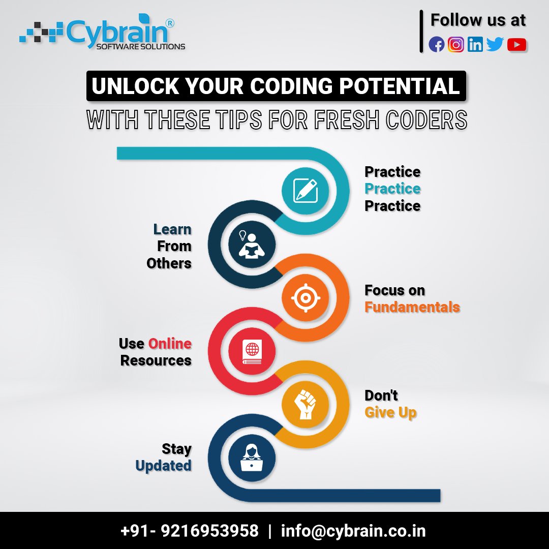 cybrainsoftware's tweet image. Are you a beginner coder?
Starting your coding journey can be overwhelming, but with these tips, you will be on the right track to success.
#newcoder #codingtips #careeradvice #cybrainsoftwaresolutions #softwaredevelopment #cybrainian
