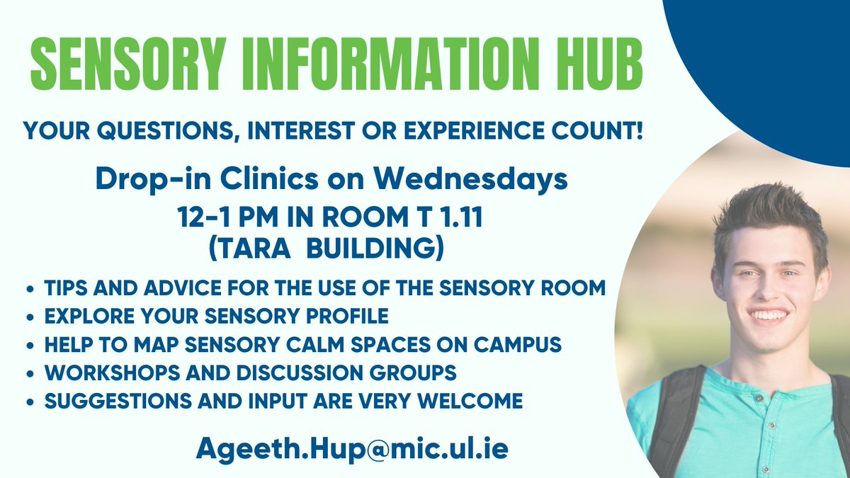 Mary I Students' Union (MISU) (@maryisu) on Twitter photo 📢Sensory Information Hub📢
Your questions, interest, or experience count!
Drop-in Clinics on Wednesdays
12 - 1 PM IN T1.11
More info??
Email Ageeth.Hup@mic.ul.ie
<a href="/slattery_orla/">Dr. Orla Slattery</a>
<a href="/MICLimerick/">Mary Immaculate College (MIC)</a>
<a href="/AccessMIC/">MIC Access & Disability Office</a> 📢Sensory Information Hub📢
Your questions, interest, or experience count!
Drop-in Clinics on Wednesdays
12 - 1 PM IN T1.11
More info??
Email Ageeth.Hup@mic.ul.ie
<a href="/slattery_orla/">Dr. Orla Slattery</a>
<a href="/MICLimerick/">Mary Immaculate College (MIC)</a>
<a href="/AccessMIC/">MIC Access & Disability Office</a>